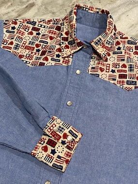 VTG 90s Americana PatrioticWestern Pearl Snap Shirt Women's M/L Denim Patchwork
